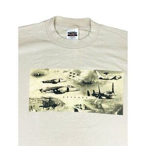 Vintage 90s Boeing T-Shirt Large Tan Defense Airplanes Single Stitch Hem